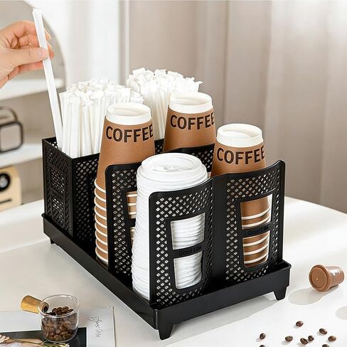Cup and Lid Holder, 6 Slots Coffee Cup and Lid Storage Holder with Straw Organizer for Coffee Station Bar Office Home Countertop Breakroom Restaurant in Saudi Arabia