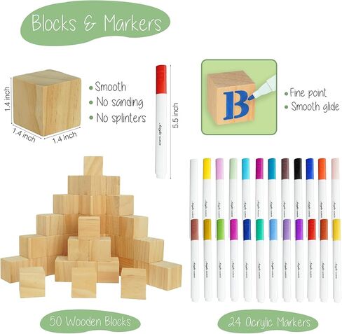 مجموعة استحمام الطفل Geeday Decorate a Block - 111 قطعة تتضمن استنسل كتل خشبية فارغة للأطفال مع علامات أكريليك - رائعة لديكورات حمام الطفل بوهو التي تكشف عن ألعاب استحمام الطفل in Saudi Arabia