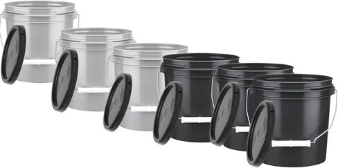 دلاء هاوس ناتشورالز بسعة 1 جالون مع أغطية - درجة الغذاء - حاويات بلاستيكية خالية من مادة BPA - (عبوة من 6) مصنوعة في الولايات المتحدة الأمريكية - رمادي وأسود in Kuwait