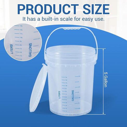 Lounsweer 2 Pack Clear 5 Gallon Bucket with Lid & Handle, Graduated Measuring Mixing Bucket Pail HDPE BPA-Free Storage Container Leakproof for Stirring Mixing Liquids in Saudi Arabia