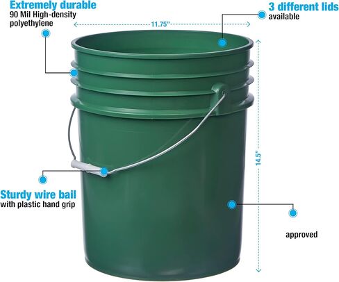 Hudson Exchange 5 Gallon (3 Pack) Bucket Pail Container with Gamma Seal Lid, Food Grade BPA Free HDPE, Green in Kuwait