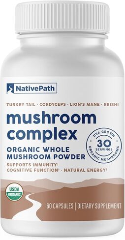 NativePath Mushroom Complex 1375mg - Organic Lions Mane, Turkey Tail, Cordyceps & Reishi - 4 Mushroom Supplement for Immune Support, Brain Focus & Energy - Beta-Glucans, Vegan, Non-GMO - 60 Capsules in Kuwait