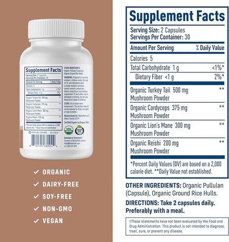 NativePath Mushroom Complex 1375mg - Organic Lions Mane, Turkey Tail, Cordyceps & Reishi - 4 Mushroom Supplement for Immune Support, Brain Focus & Energy - Beta-Glucans, Vegan, Non-GMO - 60 Capsules in Kuwait