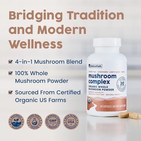 NativePath Mushroom Complex 1375mg - Organic Lions Mane, Turkey Tail, Cordyceps & Reishi - 4 Mushroom Supplement for Immune Support, Brain Focus & Energy - Beta-Glucans, Vegan, Non-GMO - 60 Capsules in Kuwait