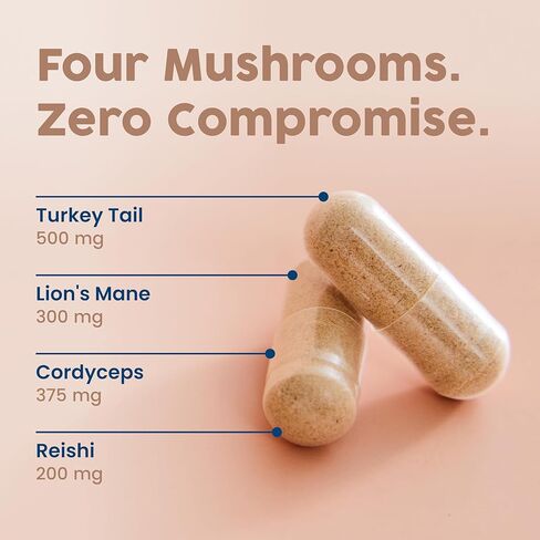 NativePath Mushroom Complex 1375mg - Organic Lions Mane, Turkey Tail, Cordyceps & Reishi - 4 Mushroom Supplement for Immune Support, Brain Focus & Energy - Beta-Glucans, Vegan, Non-GMO - 60 Capsules in Kuwait