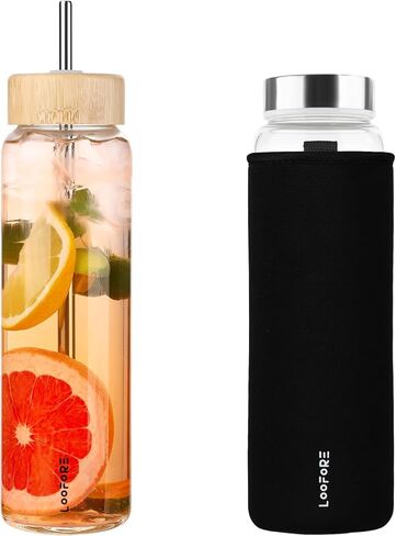 32 oz Glass Water Bottle with Straw - Reusable Eco Friendly Bpa Free - Borosilicate Glass Water Bottles with 2 Lids & Neoprene Sleeve - for Gym, Sports & Workout, Daily - 1 Pack in Saudi Arabia