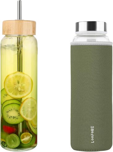 زجاجة مياه زجاجية سعة 32 أونصة مع قش - صديقة للبيئة قابلة لإعادة الاستخدام وخالية من مادة Bpa - زجاجات مياه من زجاج البورسليكات مع غطاءين وغطاء من النيوبرين - للصالة الرياضية والرياضة والتمرين يوميًا - عبوة واحدة in Kuwait