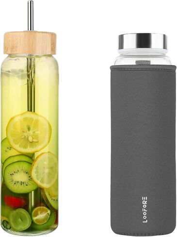 32 oz Glass Water Bottle with Straw - Reusable Eco Friendly Bpa Free - Borosilicate Glass Water Bottles with 2 Lids & Neoprene Sleeve - for Gym, Sports & Workout, Daily - 1 Pack in Saudi Arabia