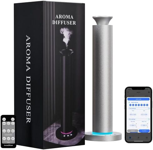 Waterless Scent Diffuser Machine with 4 Lights and Breathing Lights Modes Max Coverage 2500 sq.ft. Essential Oil Diffusers Fragrance Large Room Rechargeable App Remote Control Secret Silver in Kuwait