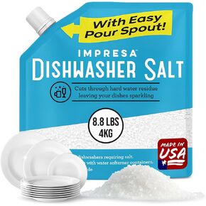 ملح منعم مياه غسالة الأطباق 8.8 رطل - ملح الحبوب الخشن النقي لبوش، ميلي، ويرلبول، ثيرمادور وأكثر - يزيل الترسبات الكلسية والبقع والبقايا - نباتي، صنع في الولايات المتحدة الأمريكية in Kuwait