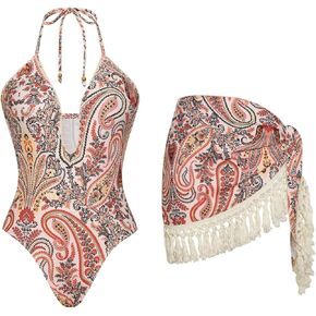 بدلة سباحة نسائية من قطعة واحدة من Floerns مونوكيني بيزلي للتحكم في البطن مع تنورة لتغطية الشرابة in Kuwait