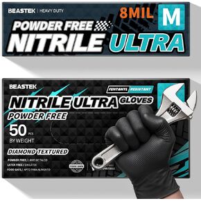 قفازات Beastek Nitrile للاستعمال مرة واحدة، 8 مل من اللاتكس والبودرة، مقاومة للمواد الكيميائية شديدة التحمل، آمنة للطعام، قفاز ماسي أسود 50 قطعة in Kuwait