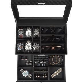 Jewelry Box for Men, 6 Slot Watch Box Jewelry Organizer With Drawer, Watch Case for Men with Large Window, 2-Layer Watch Holder, Sunglasses Storage Organizer, Velvet Lining, PU Leather, Gift Idea in Saudi Arabia