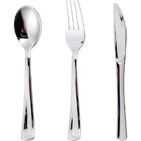 N9R 120 قطعة من أدوات المائدة البلاستيكية الفضية، مجموعة أدوات مائدة بلاستيكية فضية أدوات مائدة للاستعمال مرة واحدة - 60 شوكة، 30 ملعقة، 30 سكينًا لحفلات الزفاف، والحفلات، وأعياد الميلاد، والاستخدام اليومي in Kuwait