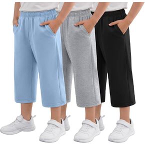 3 Pack Boys Capri Pants Kids Pull On Capris Elastic Waist 3/4 Sweatpants Below Knee Loose Shorts with Pockets in Kuwait