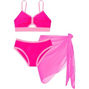 طقم بيكيني للفتيات مكون من 3 قطع برقبة على شكل حرف V مع تنورة شبكية تغطي اللون وبدلات استحمام للفتيات المراهقات in Kuwait
