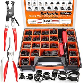 324Pcs 6-38mm Spring Band Hose Clamp Assortment Kit, 23 Sizes Black Pipe Clip for Fuel Line, Silicone Hose, Air Tube,Water Pipe Fasteners with Clamp Plier, Hose Removal Plier and Tweezers in Kuwait