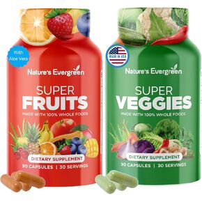 Fruits and Veggies Supplement - Nature Fruits and Vegetables Supplements - Vegan, Non GMO, Soy Free, Superfood Vitamins & Minerals Nutritional Balance - (Total 180 Capsules - Pack of 2) Made in USA in Kuwait