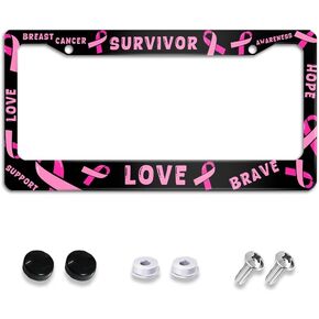 إطارات لوحة ترخيص للتوعية بالناجين من سرطان الثدي، حامل لوحة ترخيص بشريط وردي ملحقات السيارة للنساء في أكتوبر ملحق علامة السيارة مع 2 مسامير ثقوب تزيين من الألومنيوم المقاوم للصدأ مقاس 12 × 6 بوصة in Kuwait