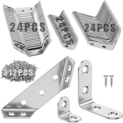 72Pcs Corner Bracket Set, 48Pcs L Brackets (Small + Medium) 24Pcs Triangular Support Brackets with Screws Multi Use Predrilled Hole Metal Bracket Corner Brace for Drawers Cabinets Tables and Chairs in Kuwait