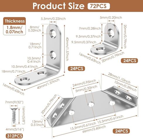 72Pcs Corner Bracket Set, 48Pcs L Brackets (Small + Medium) 24Pcs Triangular Support Brackets with Screws Multi Use Predrilled Hole Metal Bracket Corner Brace for Drawers Cabinets Tables and Chairs in Kuwait