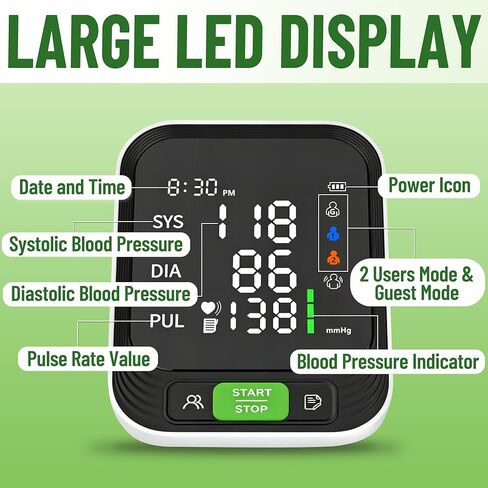 جهاز مراقبة ضغط الدم من يوفيتال للاستخدام المنزلي، جهاز قياس ضغط الدم التلقائي من أعلى الذراع مع أساور كبيرة قابلة للتعديل، جهاز مراقبة ضغط الدم لكبار السن مع شاشة LED كبيرة مقاس 3.7 بوصة، 2x199 سجل in Kuwait