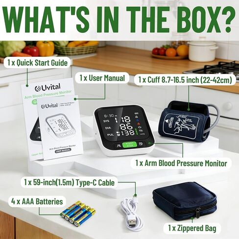جهاز مراقبة ضغط الدم من يوفيتال للاستخدام المنزلي، جهاز قياس ضغط الدم التلقائي من أعلى الذراع مع أساور كبيرة قابلة للتعديل، جهاز مراقبة ضغط الدم لكبار السن مع شاشة LED كبيرة مقاس 3.7 بوصة، 2x199 سجل in Kuwait