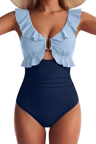 المرأة قطعة واحدة ملابس السباحة البطن التحكم كشكش المايوه انقطاع الخامس الرقبة المايوه Ruched التخسيس ملابس السباحة in Kuwait