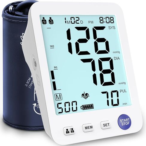 جهاز مراقبة ضغط الدم من أعلى الذراع من ADKING، للاستخدام المنزلي، شاشة LCD بإضاءة خلفية، أساور كبيرة، 2 وضع مستخدم 500 ذاكرة، خياران للطاقة، 4 بطاريات AAA (أزرق فاتح) in Saudi Arabia