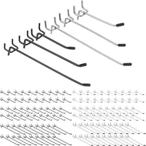 120 حزمة من خطافات Pegboard، خطاف رفوف لوح ربط 4/6/8 بوصة لأدوات التعليق تناسب 1/8 بوصة و1/4 بوصة شماعات عرض حائطية لملحقات حائط المرآب وتنظيم الحرف اليدوية (فضي، أسود) in Saudi Arabia