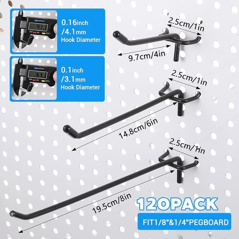 120 حزمة من خطافات Pegboard، خطاف رفوف لوح ربط 4/6/8 بوصة لأدوات التعليق تناسب 1/8 بوصة و1/4 بوصة شماعات عرض حائطية لملحقات حائط المرآب وتنظيم الحرف اليدوية (فضي، أسود) in Saudi Arabia
