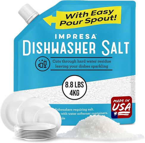 ملح منعم مياه غسالة الأطباق 8.8 رطل - ملح الحبوب الخشن النقي لبوش، ميلي، ويرلبول، ثيرمادور وأكثر - يزيل الترسبات الكلسية والبقع والبقايا - نباتي، صنع في الولايات المتحدة الأمريكية in Kuwait