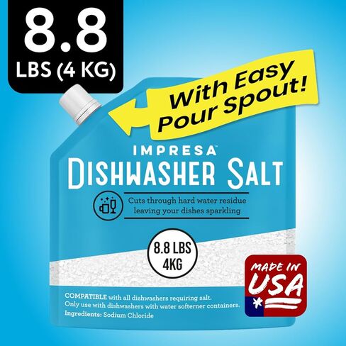 ملح منعم مياه غسالة الأطباق 8.8 رطل - ملح الحبوب الخشن النقي لبوش، ميلي، ويرلبول، ثيرمادور وأكثر - يزيل الترسبات الكلسية والبقع والبقايا - نباتي، صنع في الولايات المتحدة الأمريكية in Kuwait