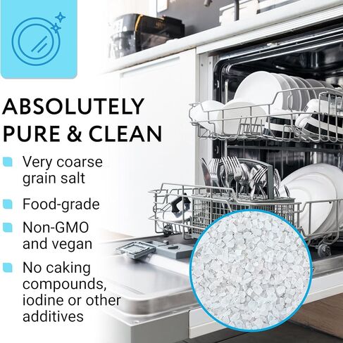ملح منعم مياه غسالة الأطباق 8.8 رطل - ملح الحبوب الخشن النقي لبوش، ميلي، ويرلبول، ثيرمادور وأكثر - يزيل الترسبات الكلسية والبقع والبقايا - نباتي، صنع في الولايات المتحدة الأمريكية in Kuwait