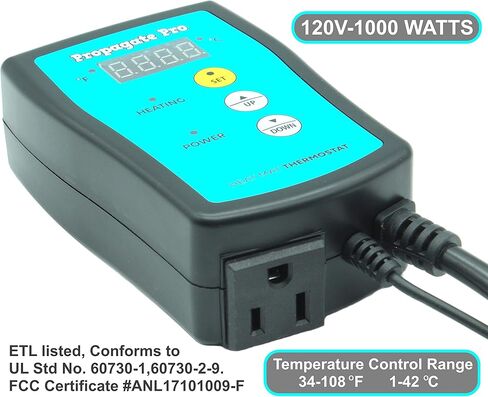 Plug in 1000 Watt Heating Thermostat Outlet 34-108°F by Propagate Pro 110V, 120V Heat Mat Heater Pad Temperature Controller for Starting Seeds, Reptiles, Egg Incubation + Beer Brewing/Wine Making in Saudi Arabia