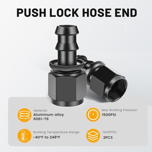 6AN Female to 3/8" Straight Push Lock Hose Fitting End for Rubber Fuel Line, Black Hard Two Stage Barb Aluminum Anodized Connector, Automotive Accessories for Vehicle Fuel Oil Line Modification, 2Pcs in Kuwait