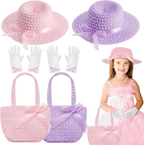 Zhanmai 6 Pieces Girls Tea Party Hats Bonnets Set Including Tea Party Hats Purse and Gloves with Bowknot (Pink, Purple) in Saudi Arabia