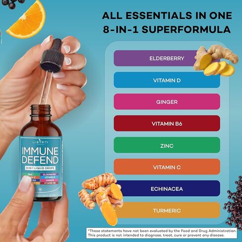 8-in-1 Immune Support Liquid Drops – Elderberry, Turmeric Curcumin, Echinacea, Ginger, Vitamins C & D3, Zinc & B6 – Fast-Absorbing Immune & Antioxidant Support – Vegan, Non-GMO – 4 oz in Saudi Arabia
