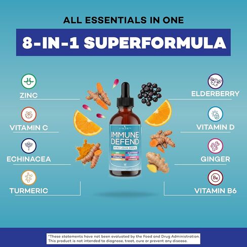 8-in-1 Immune Support Liquid Drops – Elderberry, Turmeric Curcumin, Echinacea, Ginger, Vitamins C & D3, Zinc & B6 – Fast-Absorbing Immune & Antioxidant Support – Vegan, Non-GMO – 4 oz in Saudi Arabia