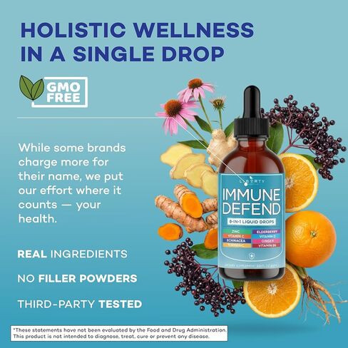8-in-1 Immune Support Liquid Drops – Elderberry, Turmeric Curcumin, Echinacea, Ginger, Vitamins C & D3, Zinc & B6 – Fast-Absorbing Immune & Antioxidant Support – Vegan, Non-GMO – 4 oz in Saudi Arabia