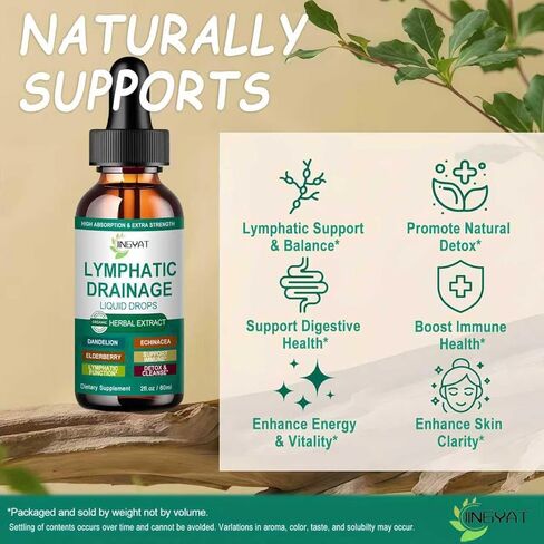 قطرات التصريف اللمفاوي العضوية | مكمل التصريف اللمفاوي 17 في 1 | إشنسا، البلسان، الهندباء | التصريف اللمفاوي الشحمي عالي الامتصاص لدعم المناعة، تنظيف اللمف والتخلص من السموم، 2 أونصة سائلة in Kuwait