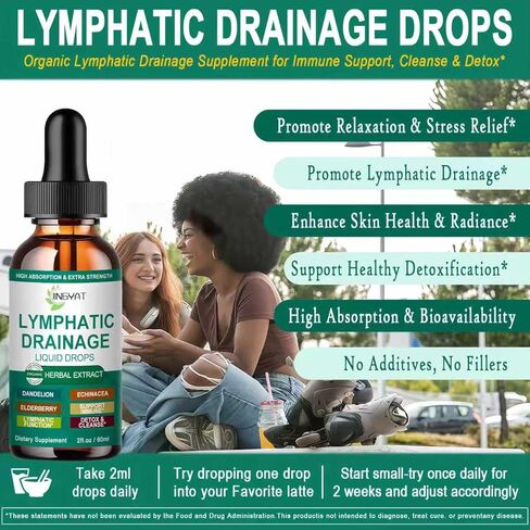 قطرات التصريف اللمفاوي العضوية | مكمل التصريف اللمفاوي 17 في 1 | إشنسا، البلسان، الهندباء | التصريف اللمفاوي الشحمي عالي الامتصاص لدعم المناعة، تنظيف اللمف والتخلص من السموم، 2 أونصة سائلة in Kuwait