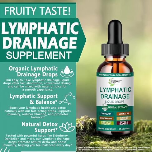 قطرات التصريف اللمفاوي العضوية | مكمل التصريف اللمفاوي 17 في 1 | إشنسا، البلسان، الهندباء | التصريف اللمفاوي الشحمي عالي الامتصاص لدعم المناعة، تنظيف اللمف والتخلص من السموم، 2 أونصة سائلة in Kuwait