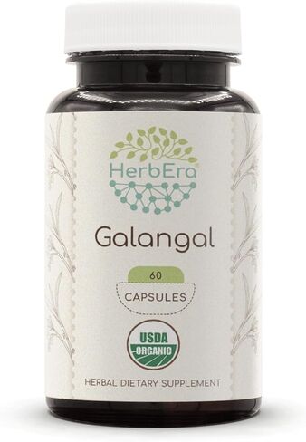 HerbEra Galangal USDA Organic 60 Capsules | Natural Herbal Supplement | Certified Organic Vegetarian Capsules and Organic Galangal (Alpinia Galangal) Dried Root (60 Capsules) in Saudi Arabia