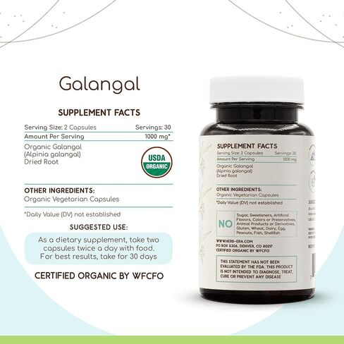 HerbEra Galangal USDA Organic 60 Capsules | Natural Herbal Supplement | Certified Organic Vegetarian Capsules and Organic Galangal (Alpinia Galangal) Dried Root (60 Capsules) in Saudi Arabia