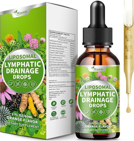 Lymphatic Drainage Drops Supplement for Liposomal, Immune & Lymph System Support for Women & Men with Echinacea,Elderberry,Dandelion,Milk Thistle,Burdock,Turmeric & More,Orange Flavor,2 FL OZ in Kuwait