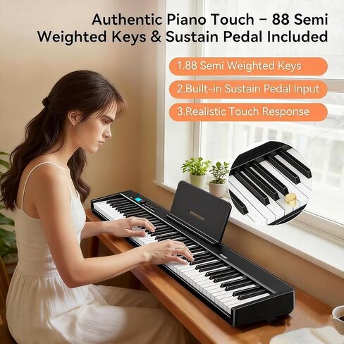 88 Key Keyboard Piano with 128 Sounds,Full Size Semi-Weighted Keys Folding Digital Piano, Portable Electric Piano with USB MIDI, Carry-Bag, Pedal and Piano Lessons for Beginners in Saudi Arabia