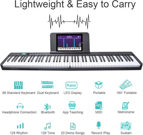 88 Key Keyboard Piano with 128 Sounds,Full Size Semi-Weighted Keys Folding Digital Piano, Portable Electric Piano with USB MIDI, Carry-Bag, Pedal and Piano Lessons for Beginners in Saudi Arabia