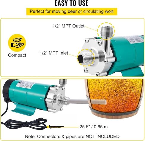 Magnetic Beer Pump Homebrew Brewing MP-15RP Food Grade 304 Stainless Steel High Temperature 120 ℃ 1/2" MPT for Brewery Bar in Kuwait