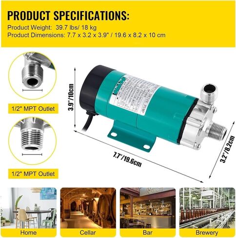 Magnetic Beer Pump Homebrew Brewing MP-15RP Food Grade 304 Stainless Steel High Temperature 120 ℃ 1/2" MPT for Brewery Bar in Kuwait